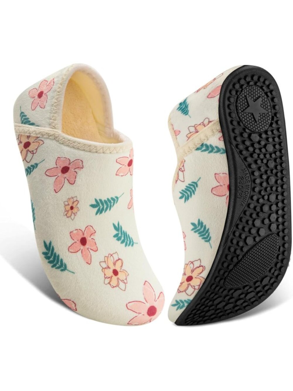 Women's Beige Flower Barefoot Socks Furry Cozy Fleece Slip On Indoor Slippers